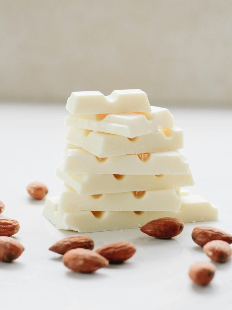 Delicious white chocolate stacked with almonds for a gourmet treat